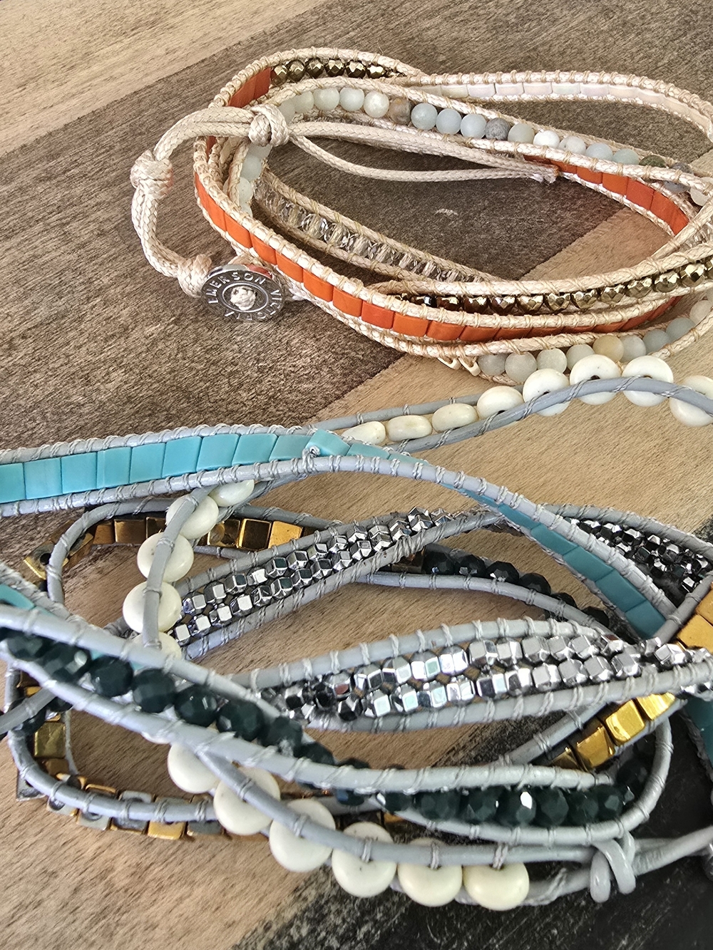 Multi-Row Beaded Wrap Bracelet Set - Turquoise, Orange, Gold, Silver
